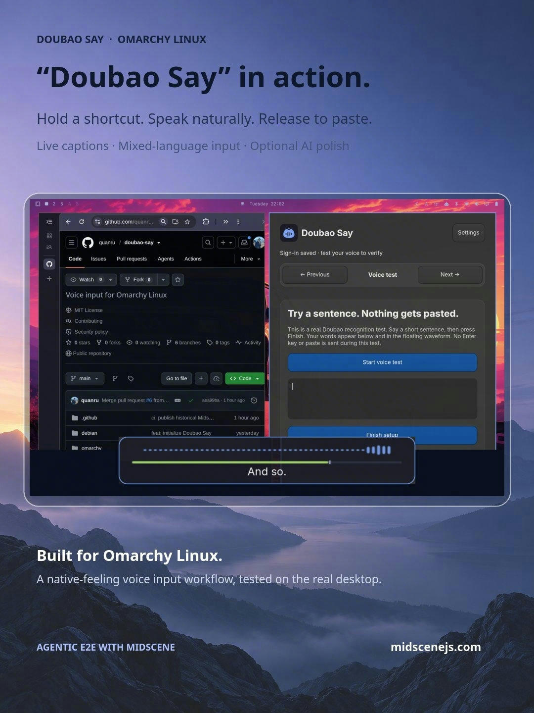 Doubao Say voice input running on Omarchy Linux