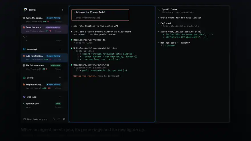 A Codex pane finishes in the background and rings green, the billing tab asks for approval, and Ctrl+Shift+U jumps to each in turn