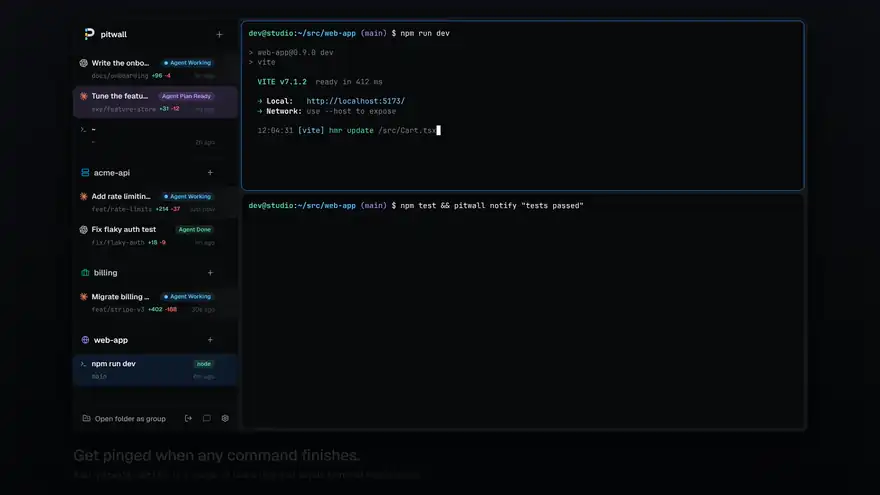 A test pane runs npm test and pitwall notify, then rings amber and sends a desktop notification saying tests passed