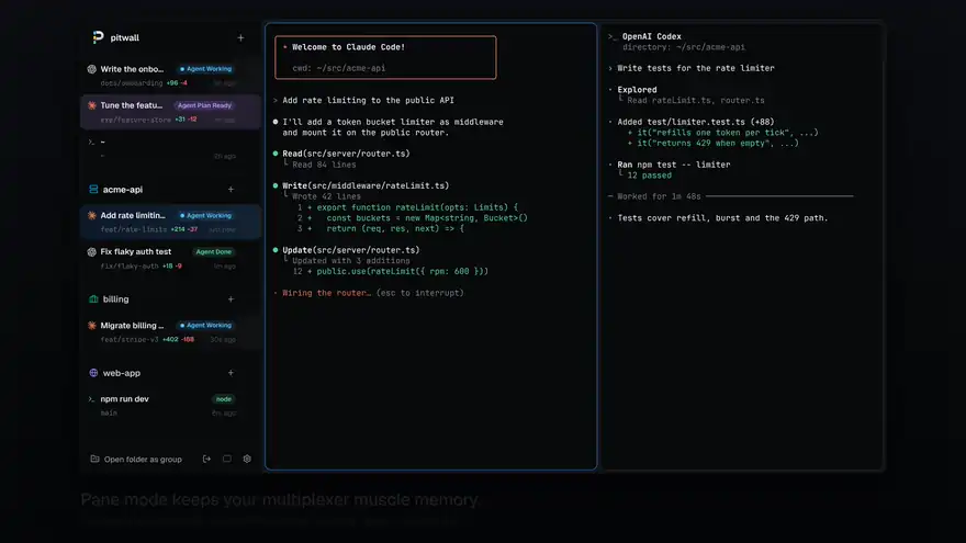 Pane mode: split down, move focus right, toggle fullscreen and leave with Esc, with the PANE hint showing the keys
