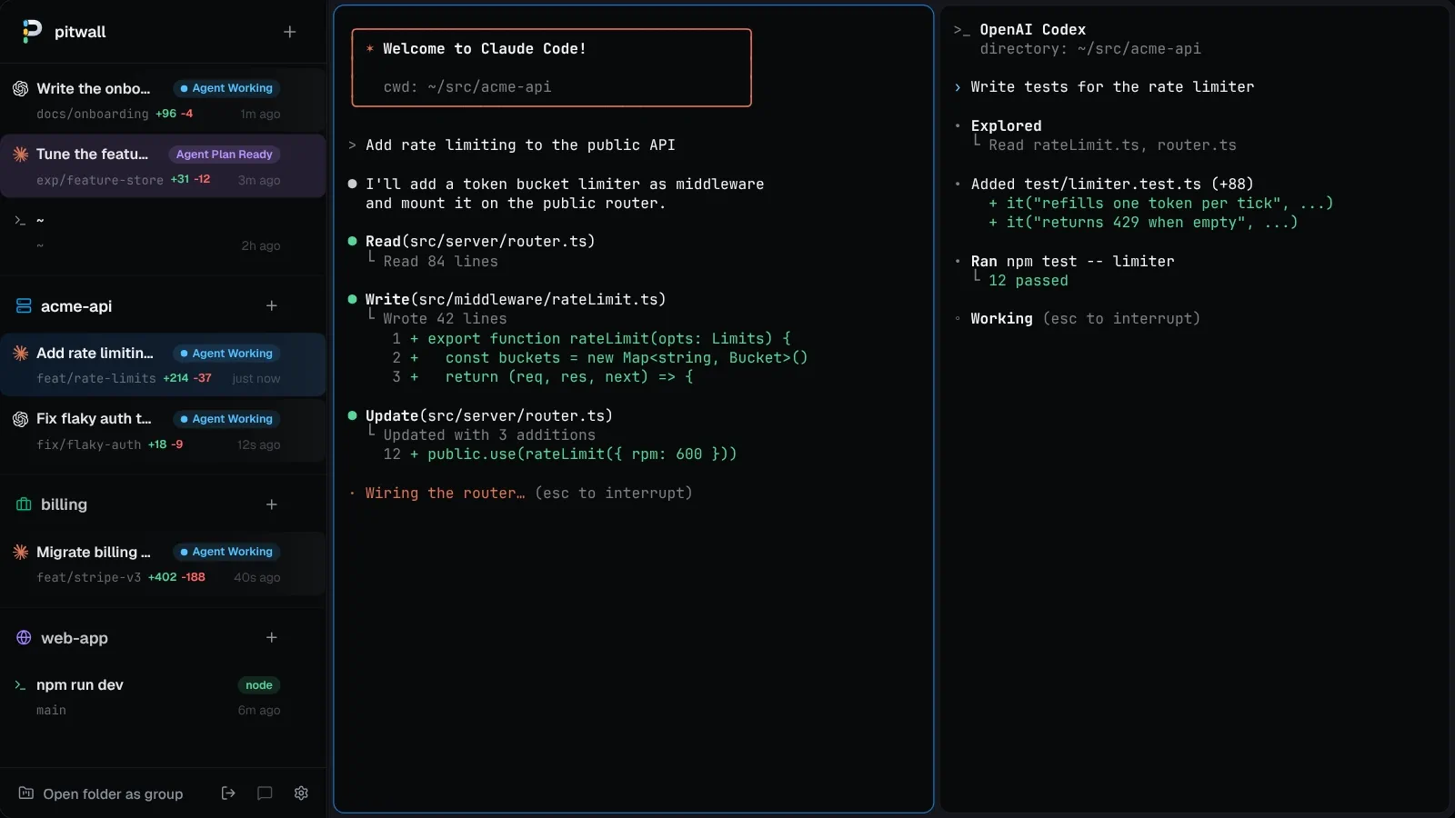 The pitwall window: a sidebar of Claude Code and Codex tabs with live states, a pane that rings green when its agent finishes, and the jump key switching to the tab whose agent asks for approval