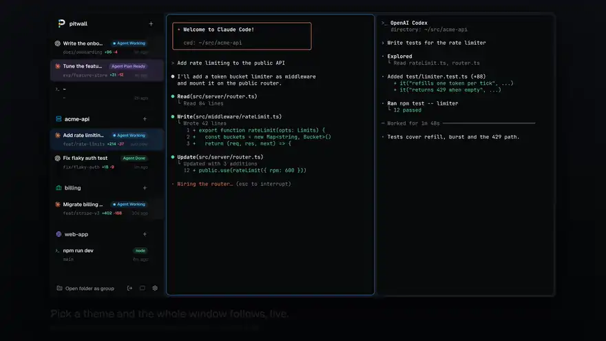 The settings page: theme cards recolor the window live, the font size steps up, and the shortcut recorder catches a conflict and swaps it, with config.toml updating alongside