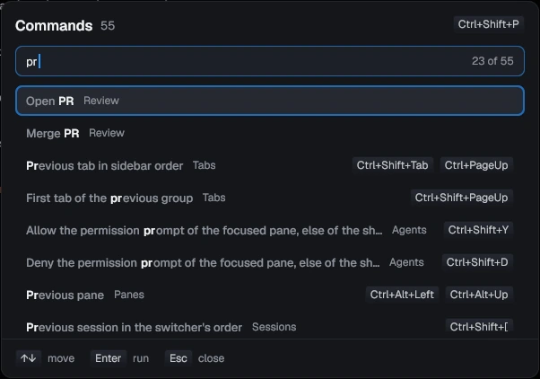 The command palette filtered by pr: Open PR and Merge PR first, then tab and pane actions with their keys