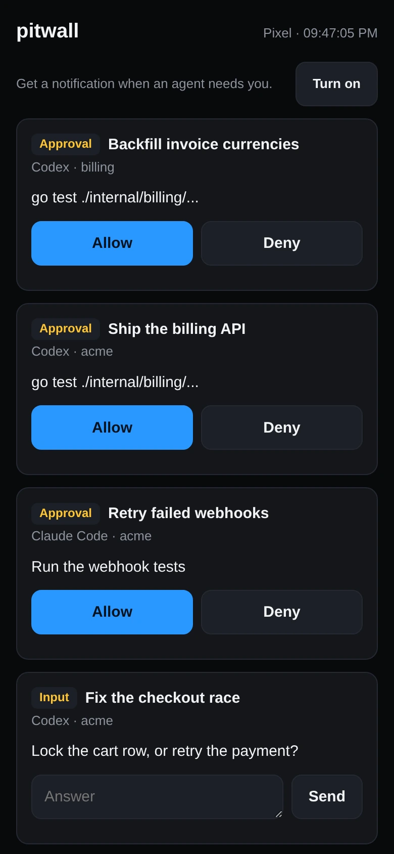 The phone page: approvals for three tabs with Allow and Deny buttons, and a Codex question with an answer box