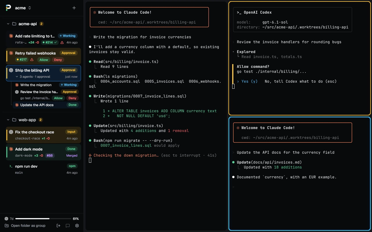 The pitwall window: a sidebar of Claude Code and Codex tabs grouped by project, with Working, Approval, Input and Done states, pull request chips and Allow and Deny buttons; the open tab runs three agents in split panes
