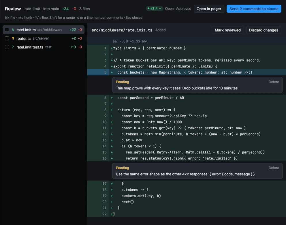 The review view: three changed files on the left, the diff of rateLimit.ts on the right with two pending comments, and a Send 2 comments to claude button