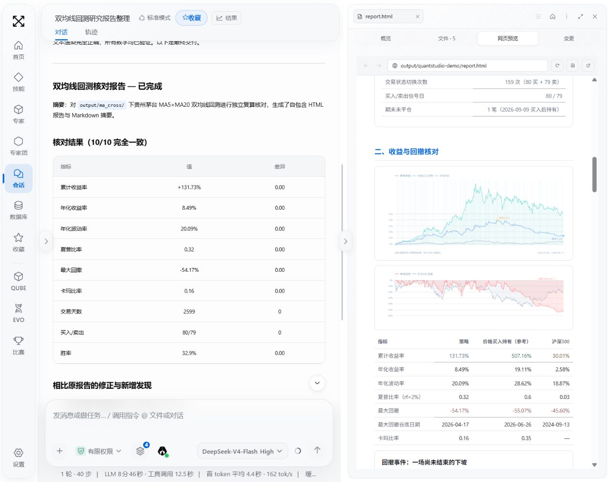 研究对话与结果工作台:核对回测,查看报告、净值曲线和对照表