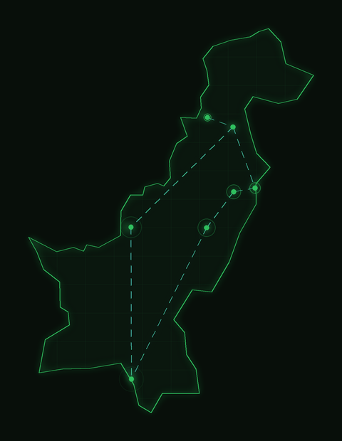 Animated map of Pakistan showing scanning network nodes over major cities