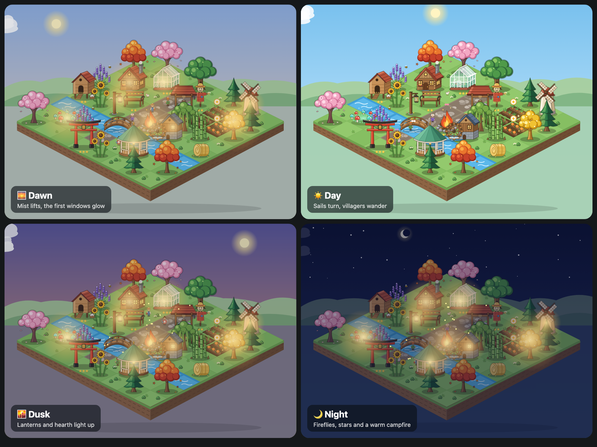 The same village at dawn, day, dusk and night
