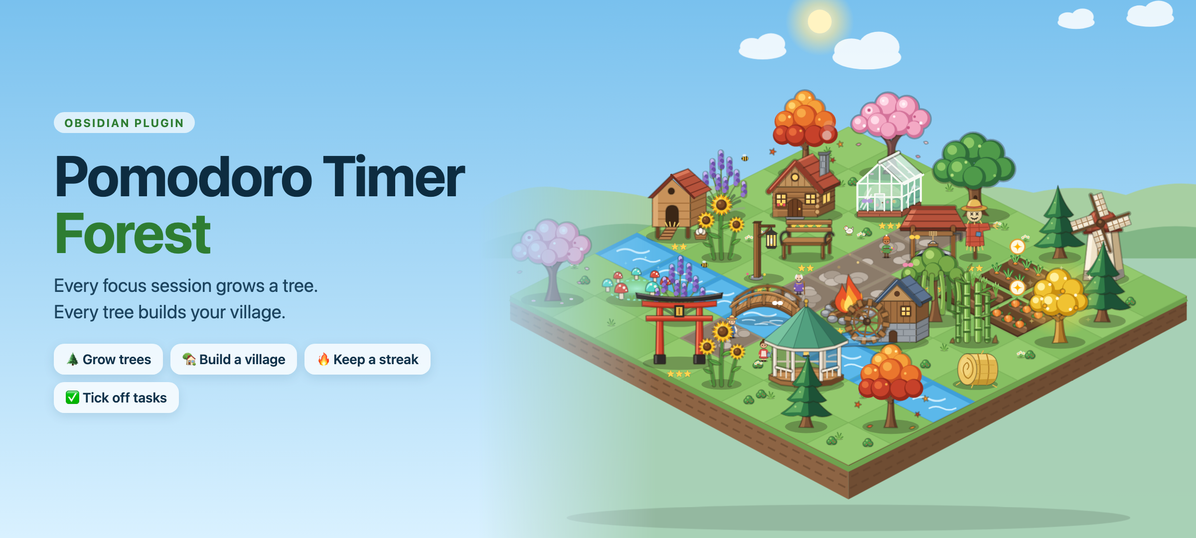 Pomodoro Timer Forest: every focus session grows a tree, every tree builds your village
