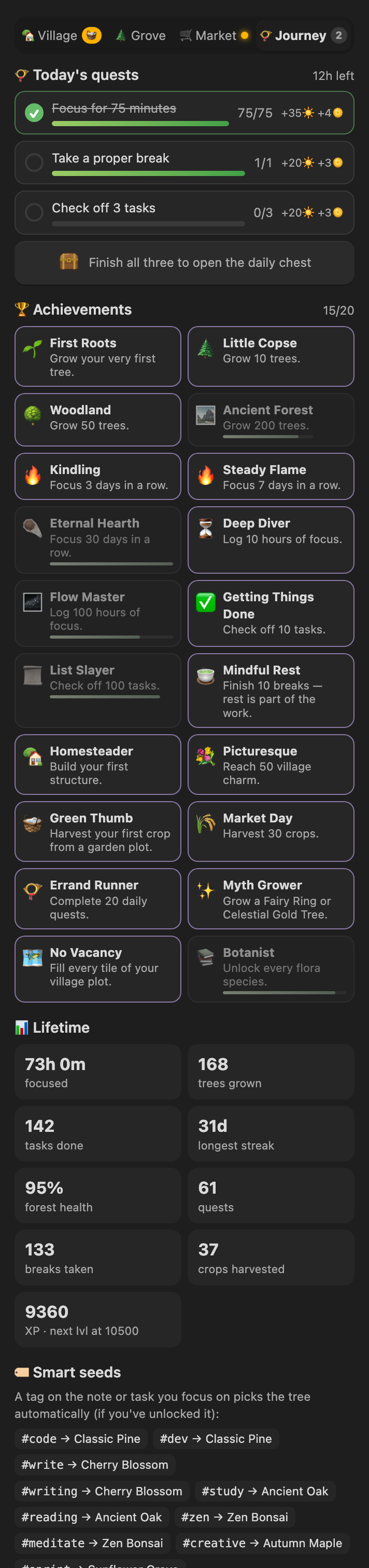 Daily quests, achievements and lifetime stats