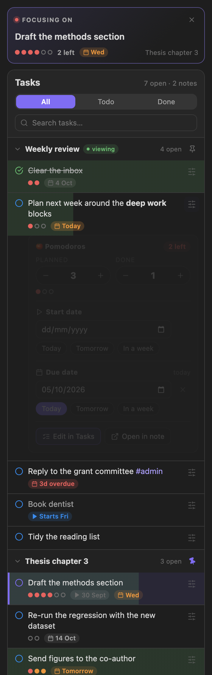 Inline editor with planned and done pomodoros, start date and due date