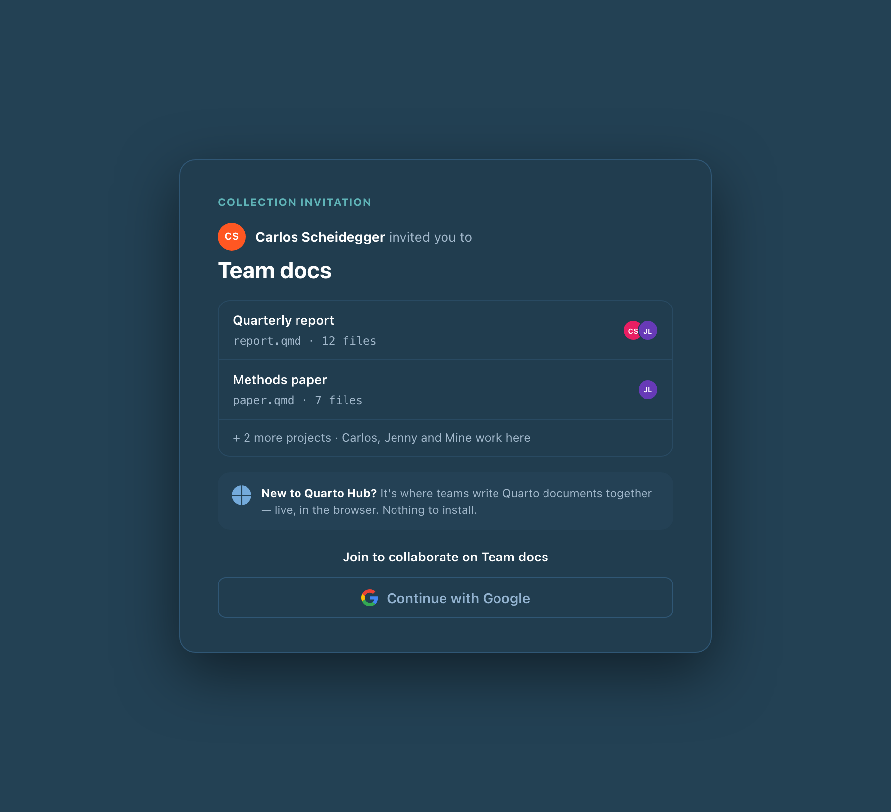 collection invite, signed out, dark