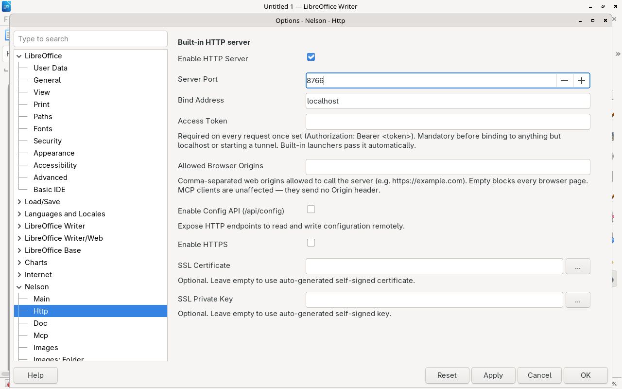 Options > Nelson > Http: server port, bind address, access token, allowed browser origins