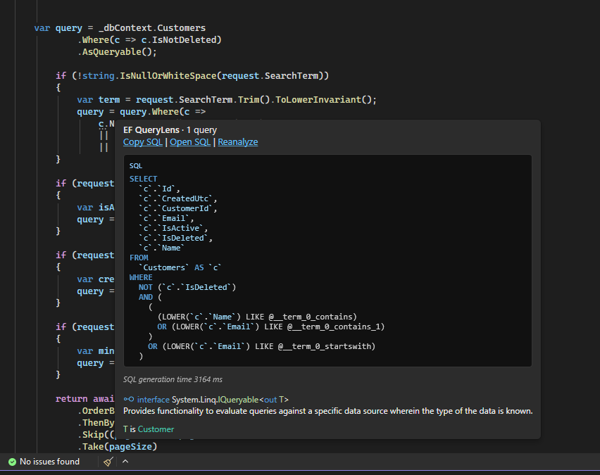 EF QueryLens Visual Studio Single Query