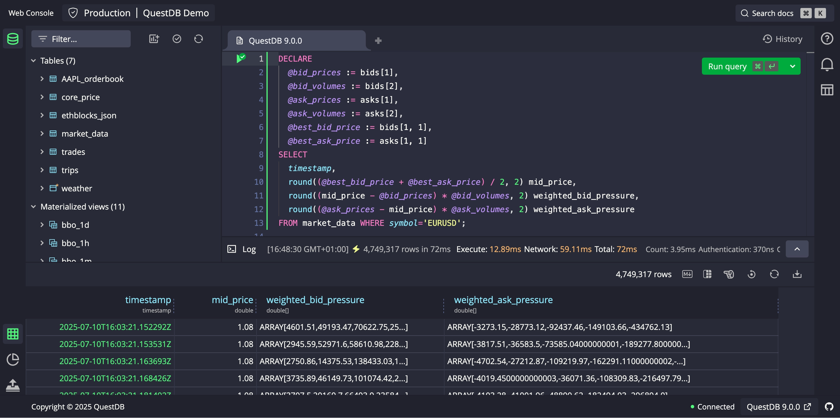 QuestDB Web Console showing a SQL statement and query result