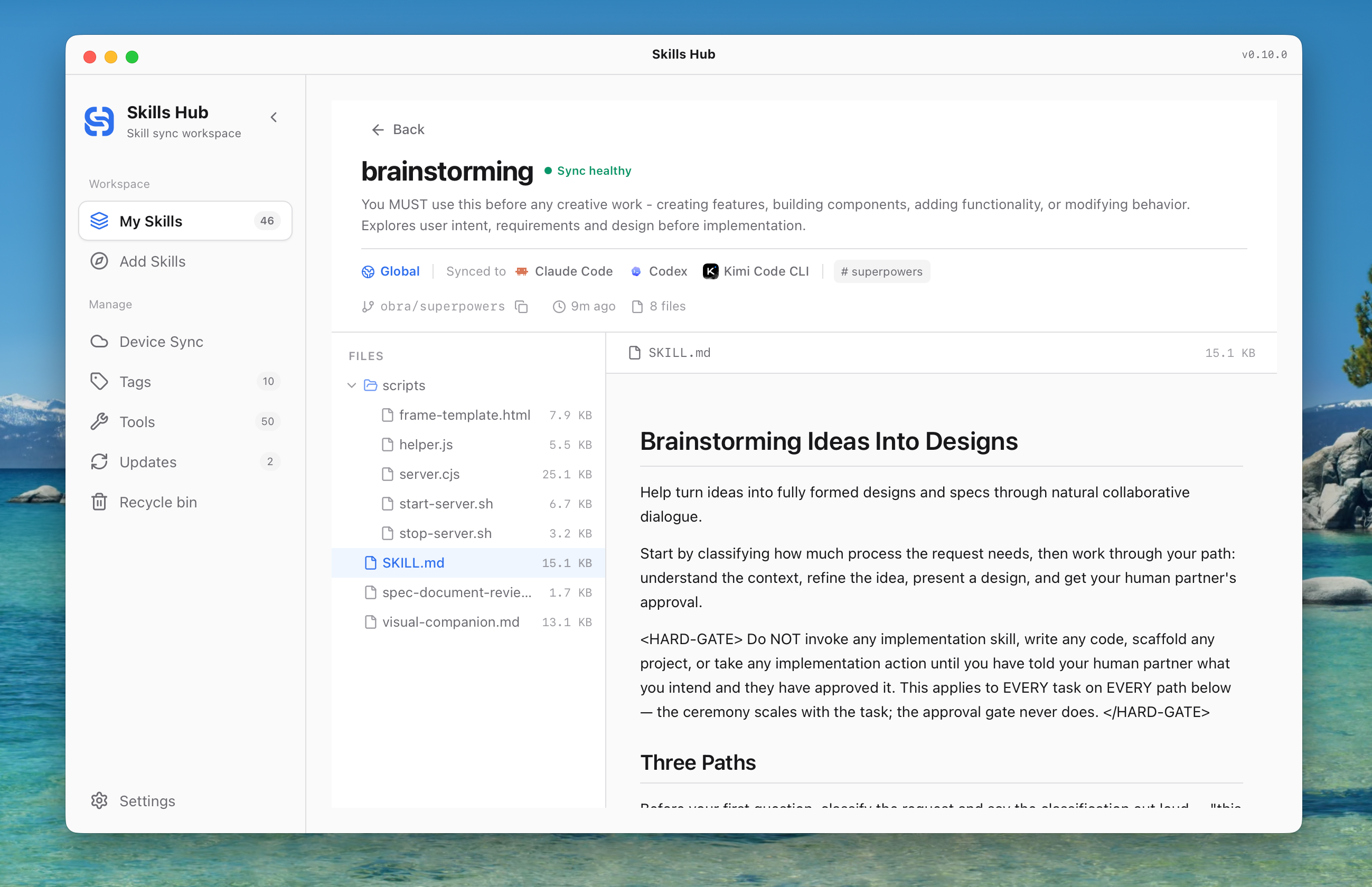 Skill details with file tree and Markdown preview