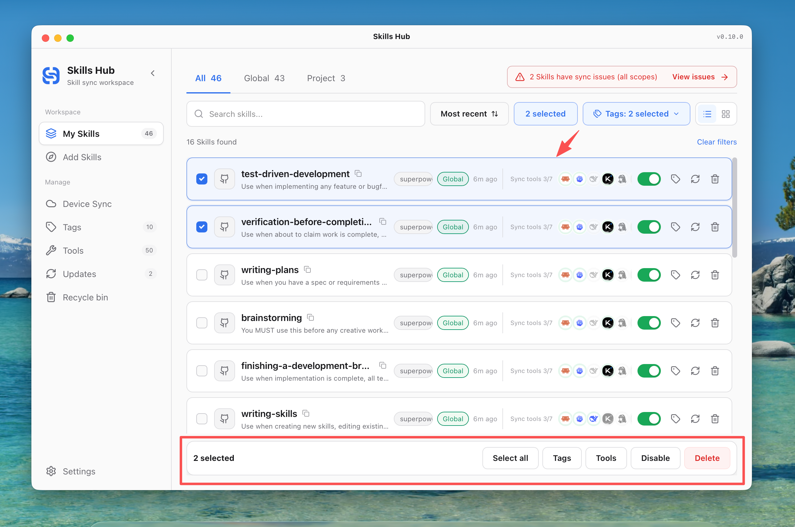 My Skills list view with bulk actions