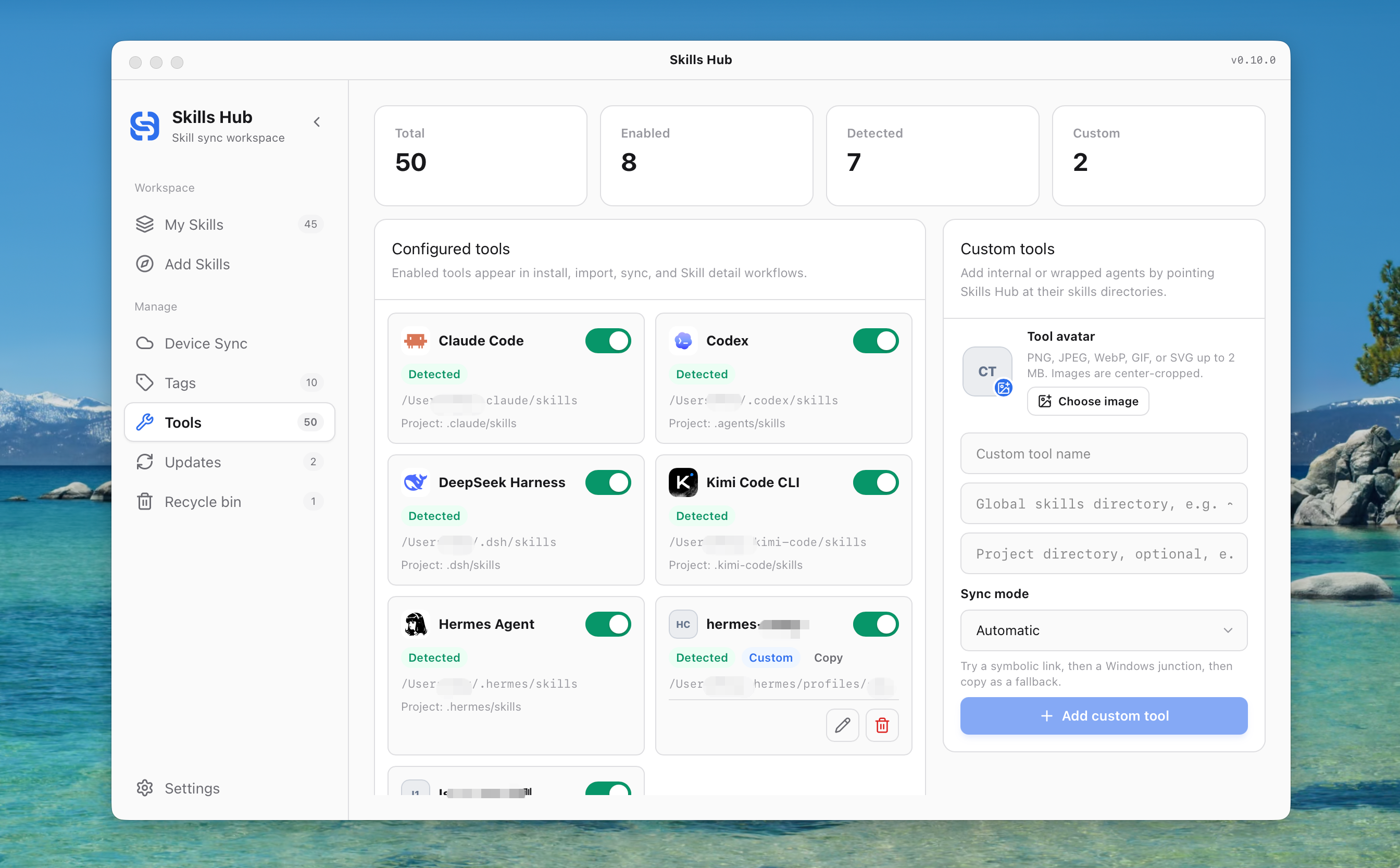 Built-in and custom tool management