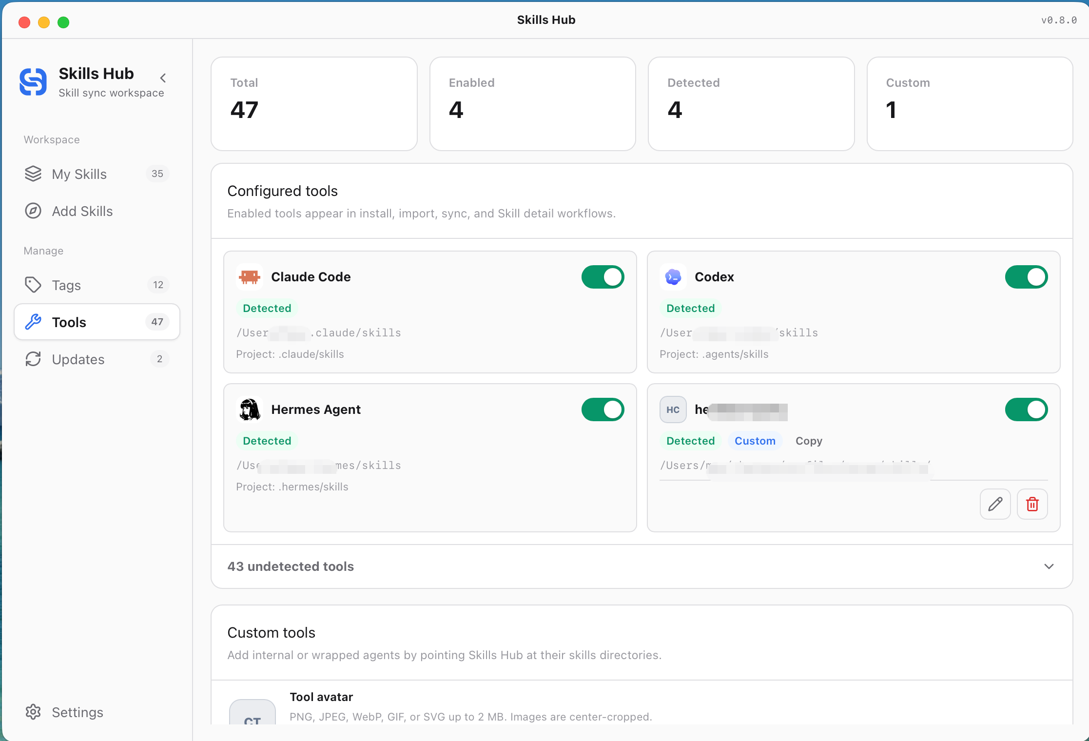 Built-in and custom tool management