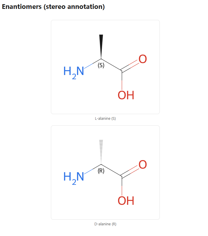 Molren rendering L- and D-alanine with stereo annotations inline in an Obsidian note