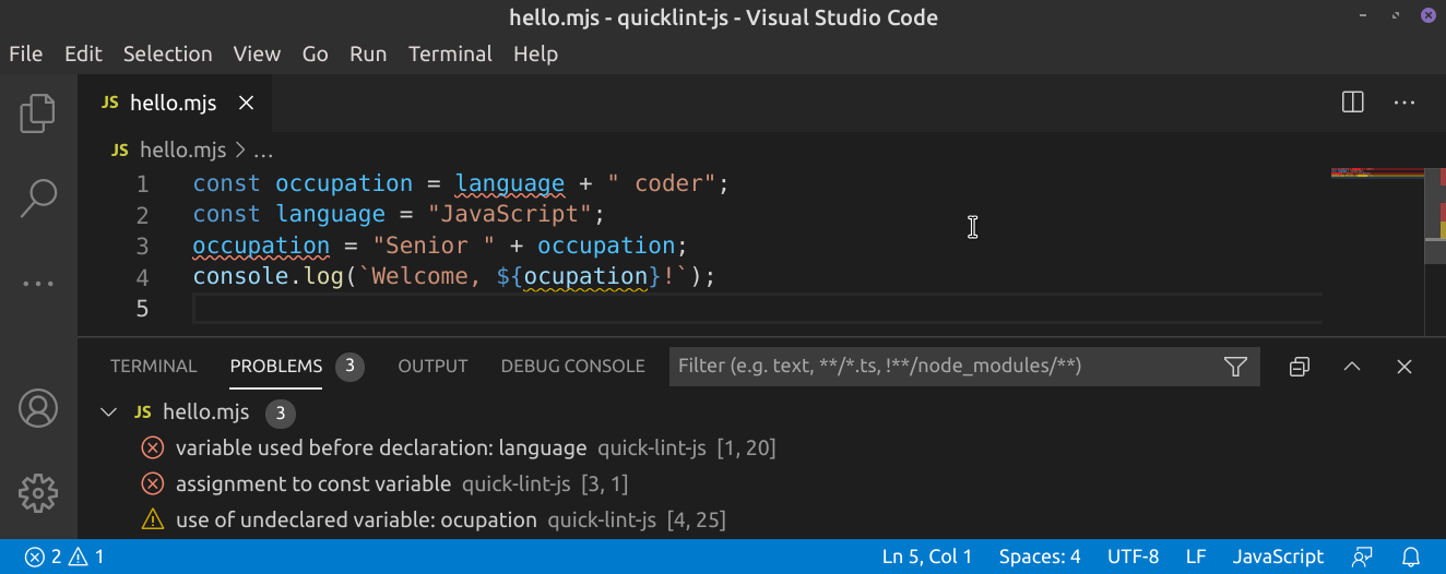 Demonstration of quick-lint-js in Visual Studio Code
