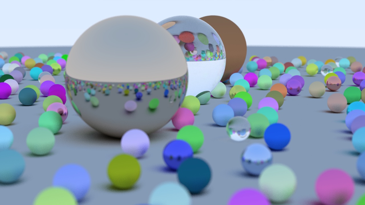 Screenshot of a rendered scene with a glass ball, a shaded ball, and a mirror ball exhibiting bokeh