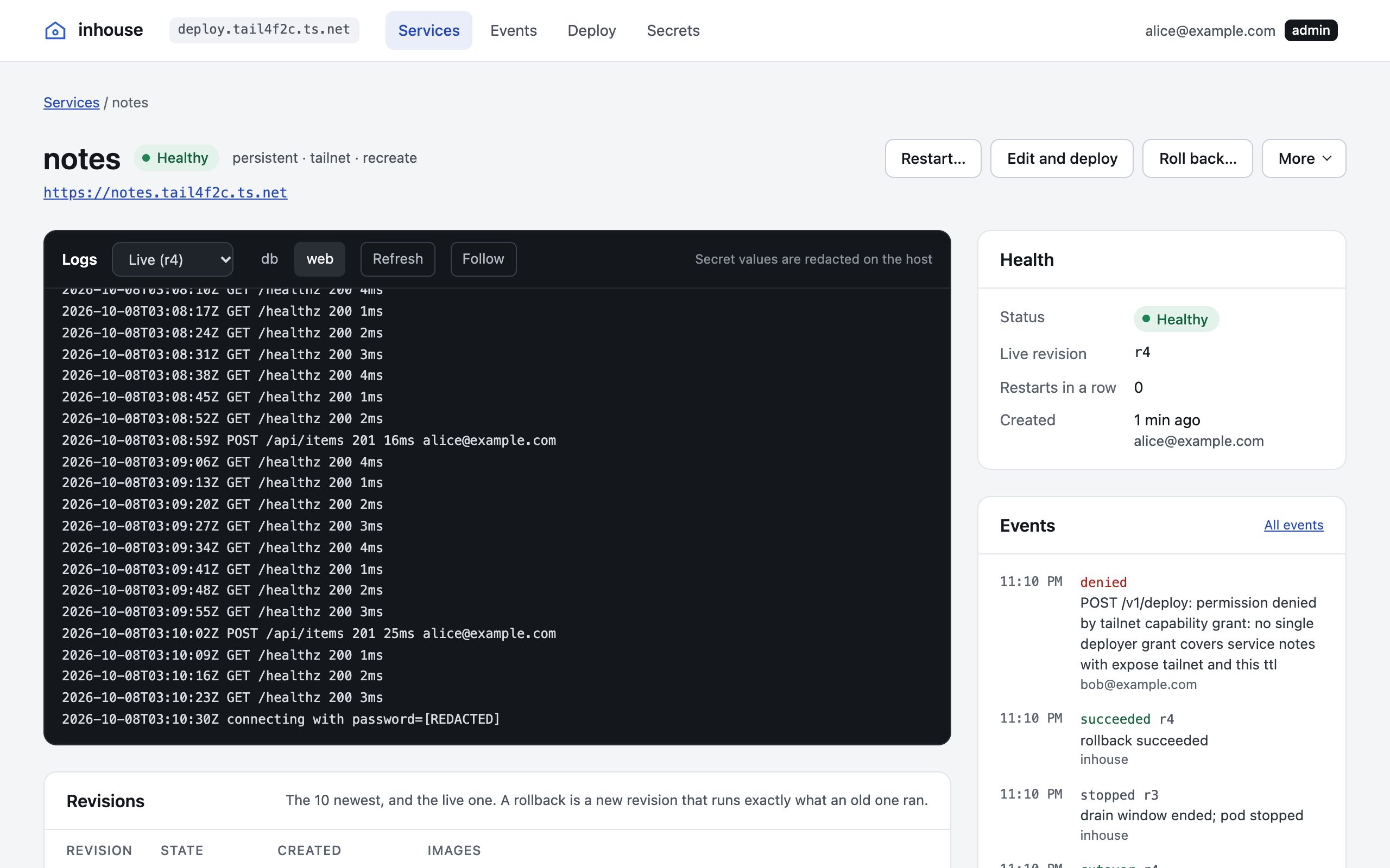 A service page: live logs with a secret redacted, health, revisions and the service's events, with restart, edit and deploy, and roll back actions
