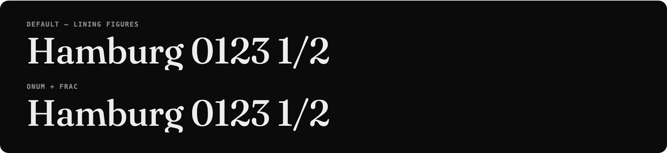 Fraunces with default lining figures versus oldstyle figures and fractions enabled