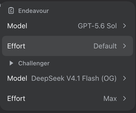The model menu open with an Endeavour section and a Challenger section, each with Model and Effort rows