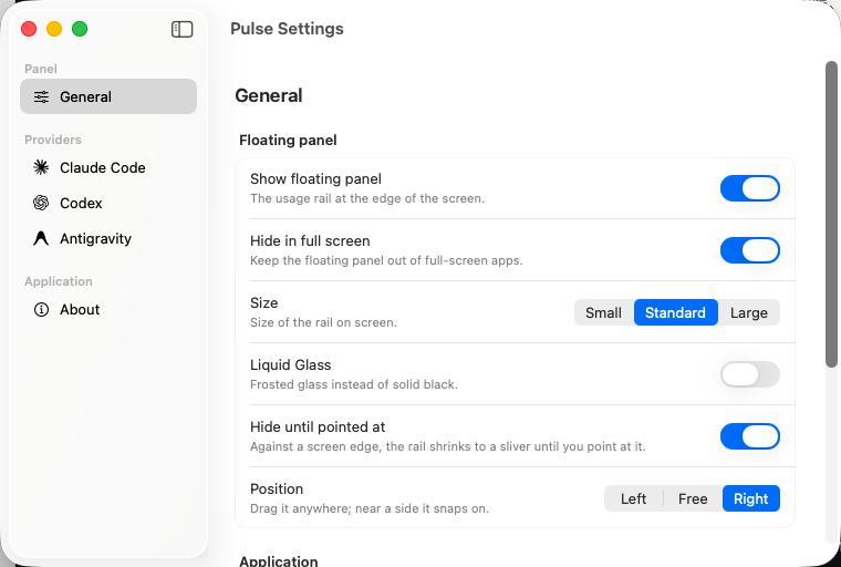 Pulse settings, showing the General pane