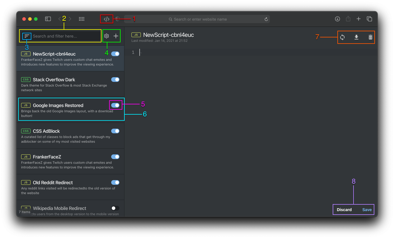 Userscripts Safari Main Application Window