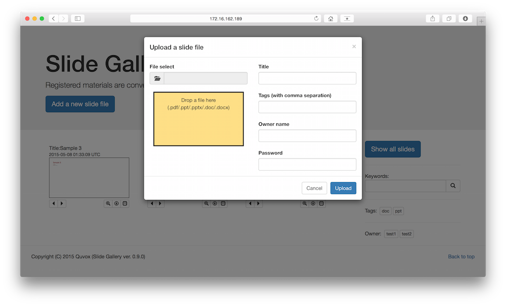 Upload modal window