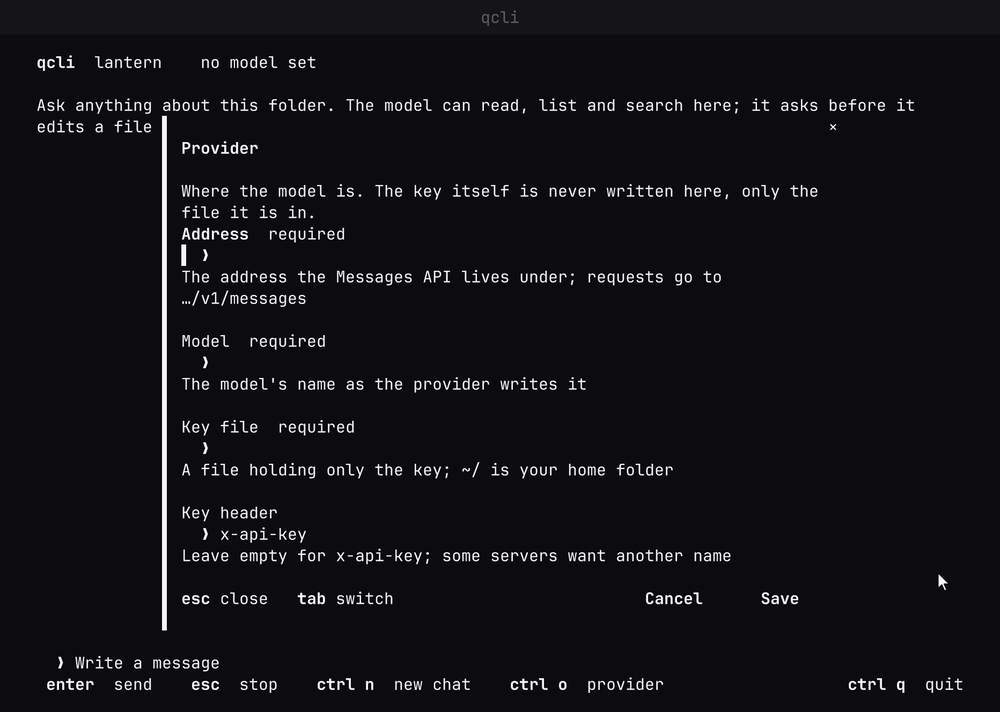 The provider form is filled in on a first start and saved, and the conversation it comes back to is shown with its key hints, the folder's own AGENTS.md noticed, and a question written in the field