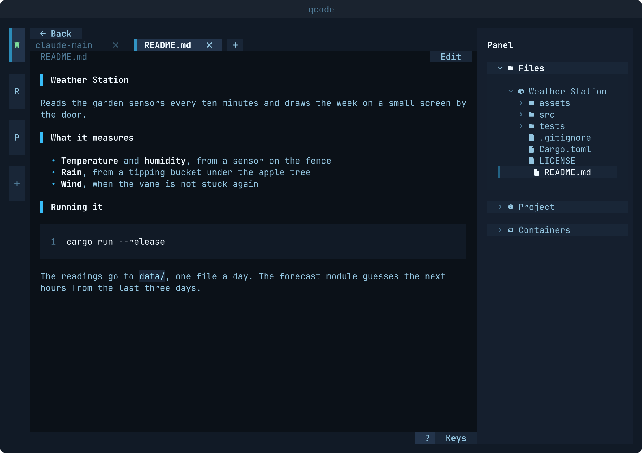 The project's README read in a Markdown tab, opened from the file tree