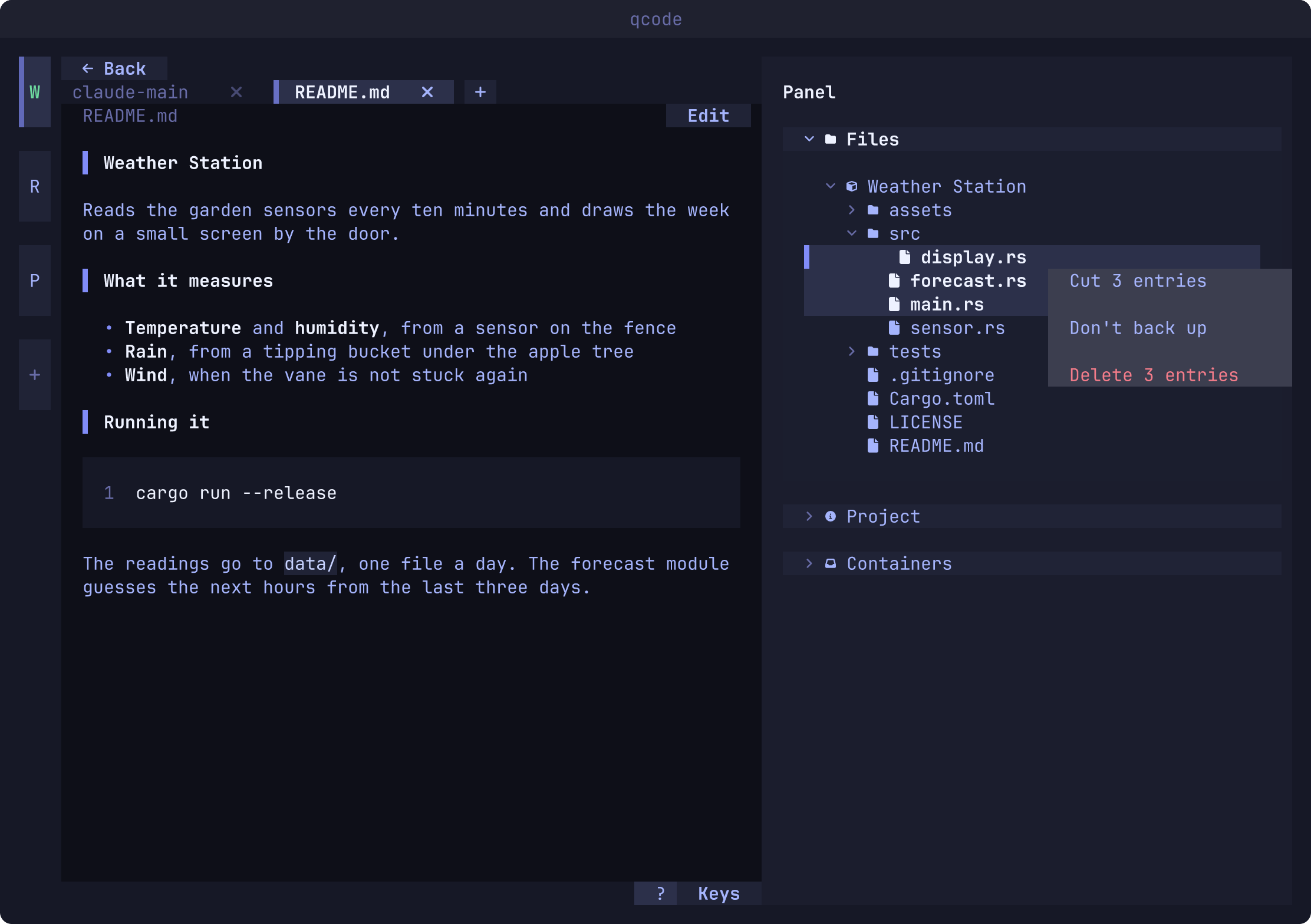 Three files selected in the file tree, with the menu that cuts or deletes them