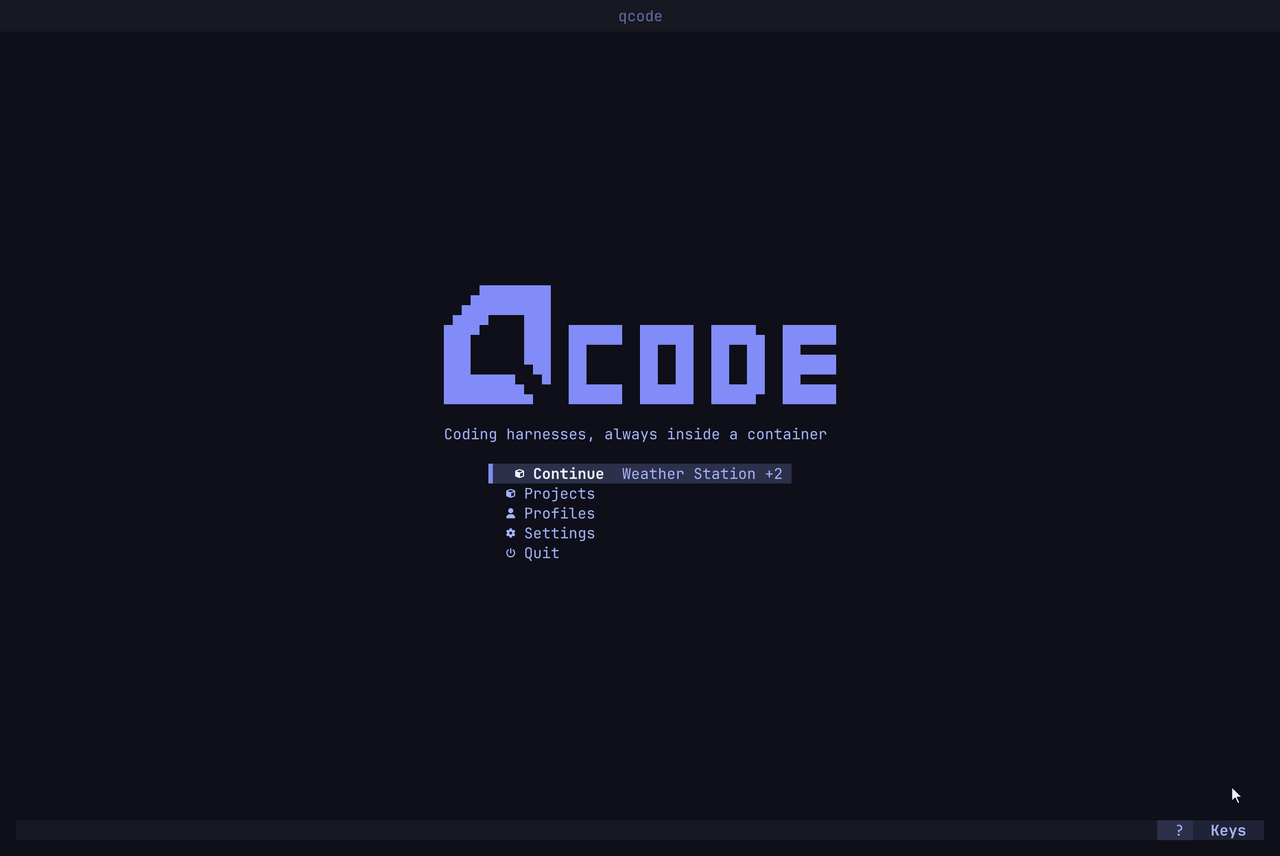 qcode in forty seconds: Continue opens a project, a shell lists its files, an opencode tab answers a question about the project's own code while a Claude Code tab waits beside it on the strip, a new tab lists each profile's recent conversations, the side panel shows the containers and a file made in the shell appearing in the tree, three files are selected with their menu open, and the README opens in a tab of its own