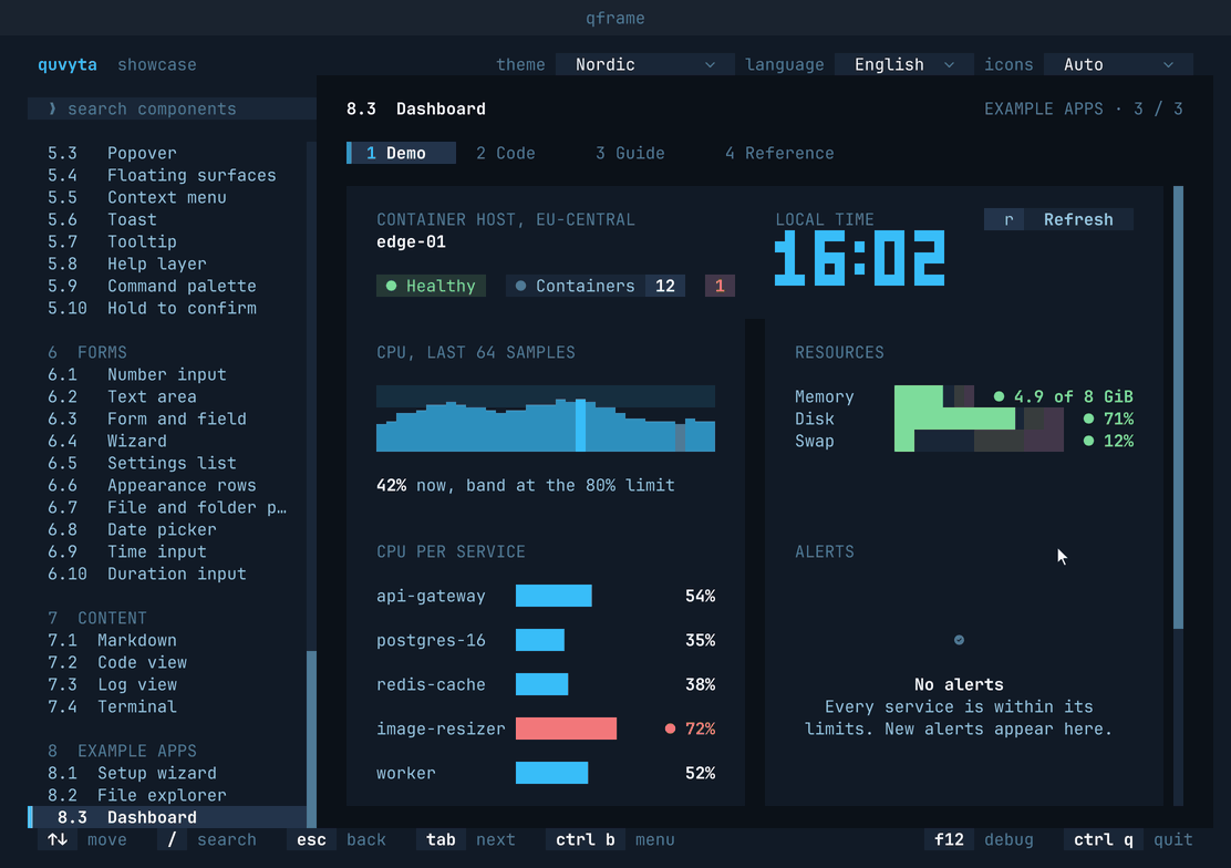 The showcase application running in a terminal