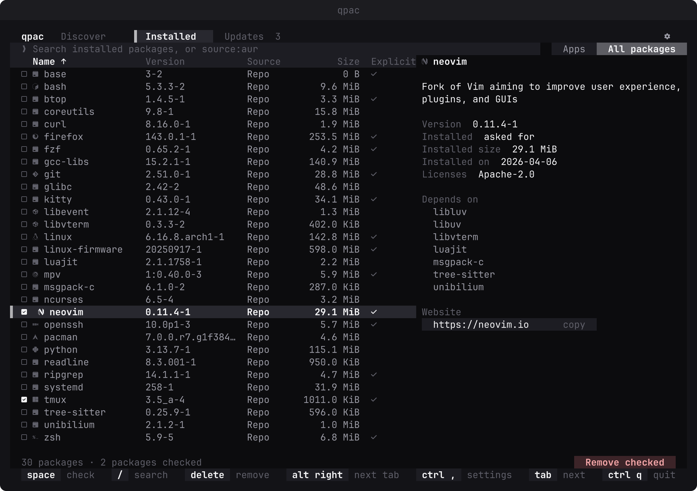 qpac: installed packages