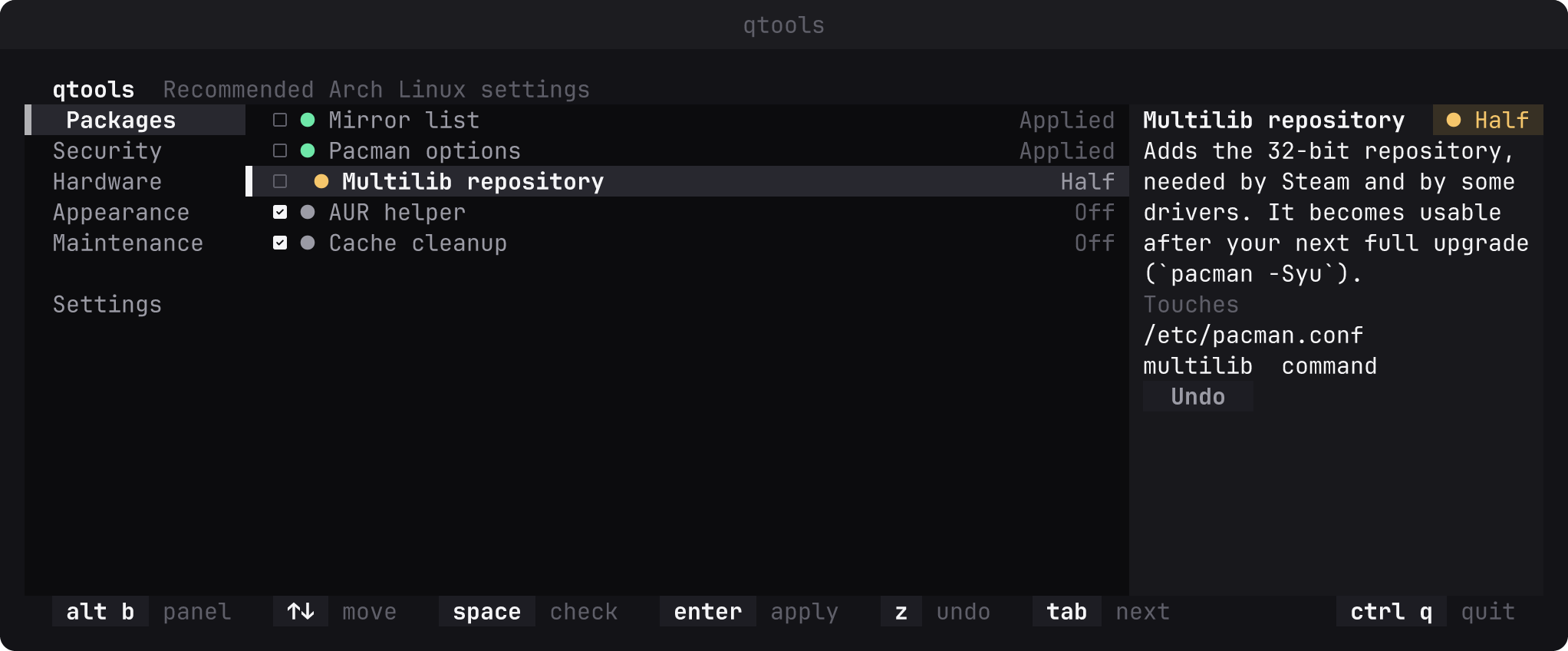 qtools: the list of settings