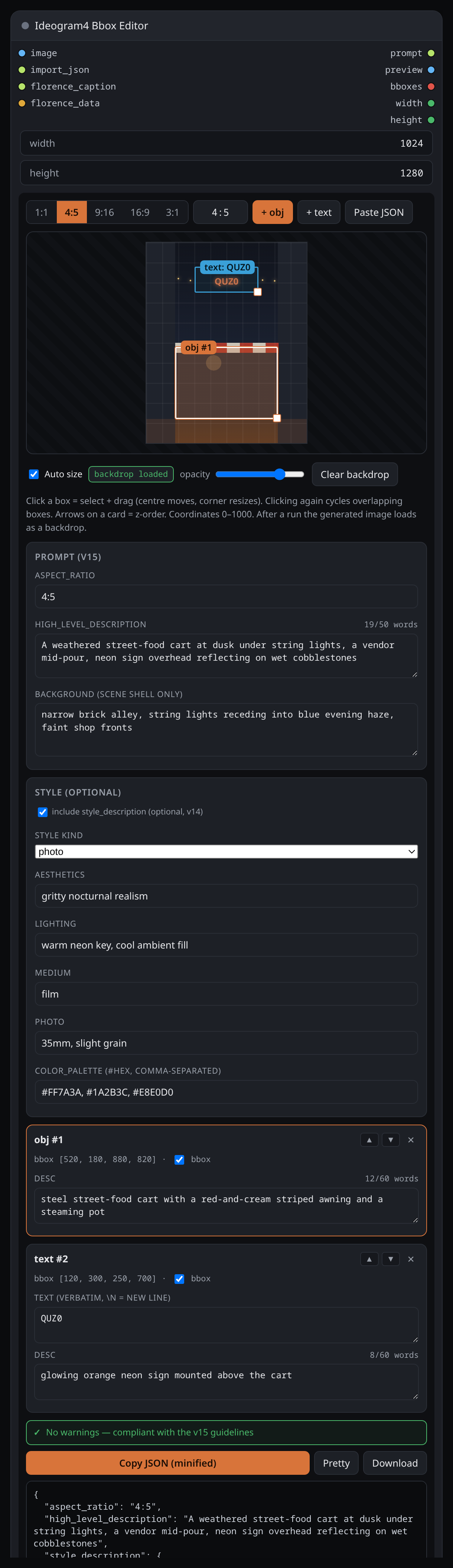 Ideogram4 Bbox Editor node with a generated-image backdrop