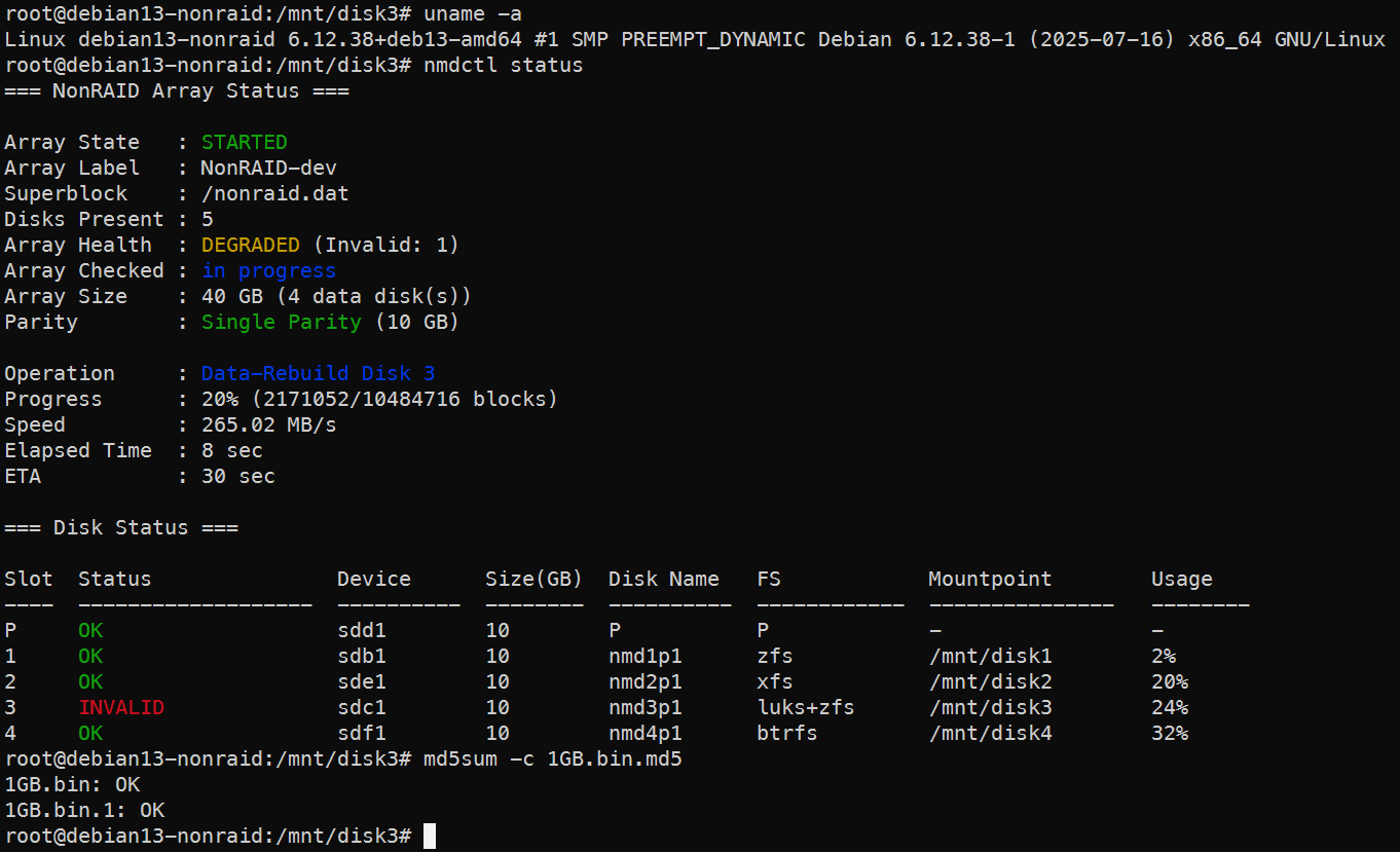NonRAID nmdctl nmdctl status screenshot