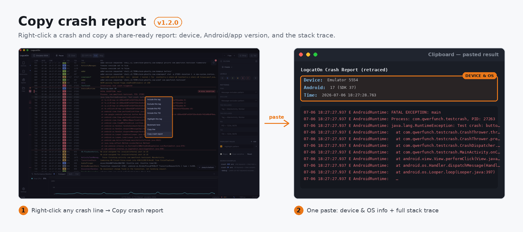Copy crash report: right-click a crash line, choose Copy crash report, and paste a ready-to-share report with device, OS and full stack trace