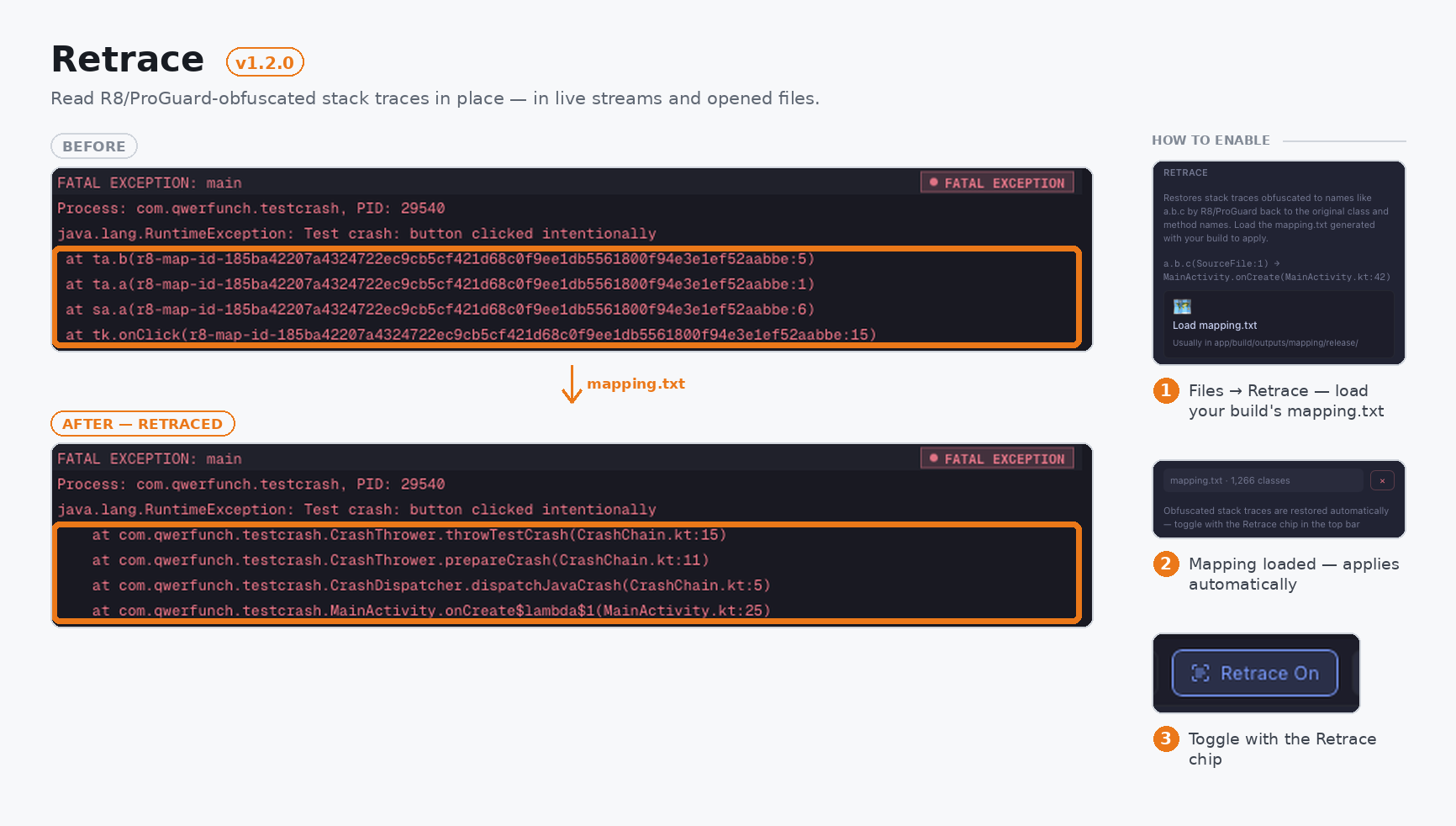 Retrace: an R8/ProGuard-obfuscated stack trace restored to original class and method names after loading mapping.txt