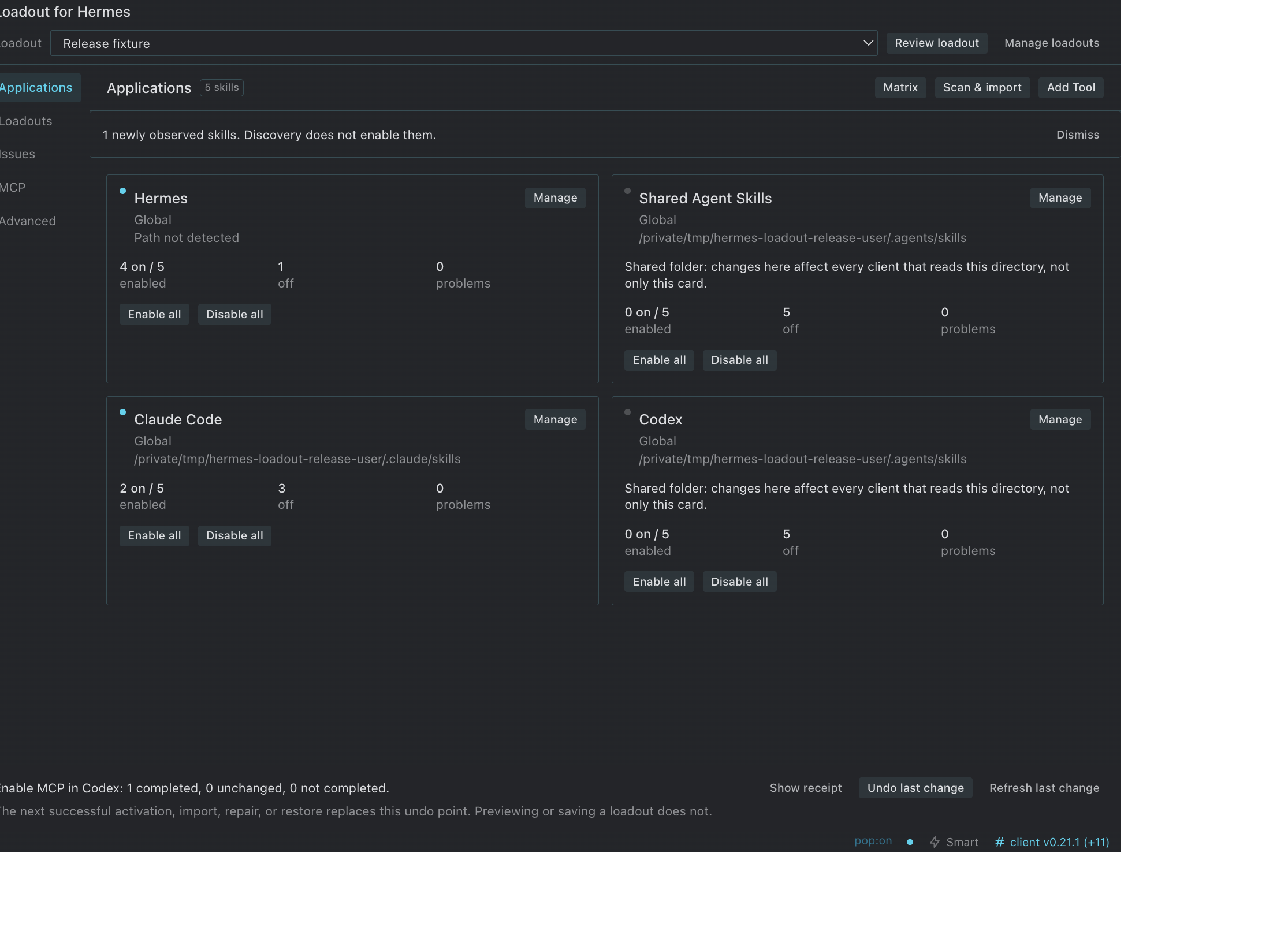 Loadout for Hermes showing per-application skill controls