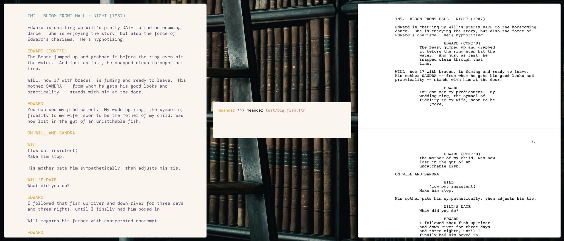 Screenshot of three windows on a computer desktop.  Left is a text editor, middle is a Meander command being run, and right is a finished PDF displaying the same text, now properly formatted.