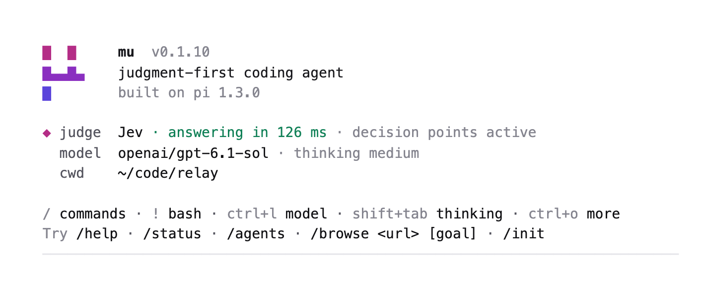 mu's welcome screen in a terminal: the μ mark, "mu v0.1.10, judgment-first coding agent, built on pi 1.3.0", then the judge (Jev, answering in 137 ms, decision points active), the model and the working directory, and the key bindings worth knowing.