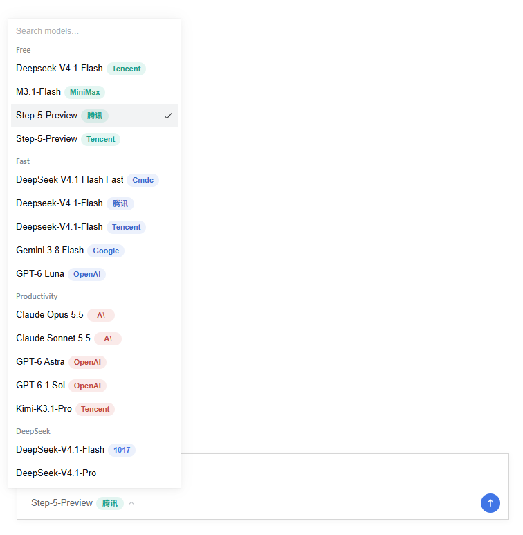 Model picker with cross-provider partitions and suffix capsules