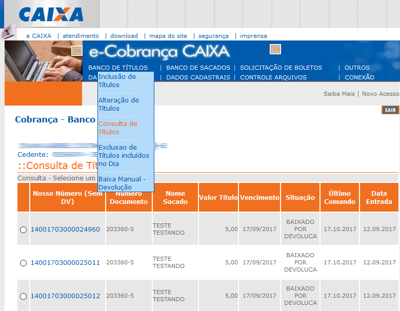 Consulta de títulos no e-Cobrança