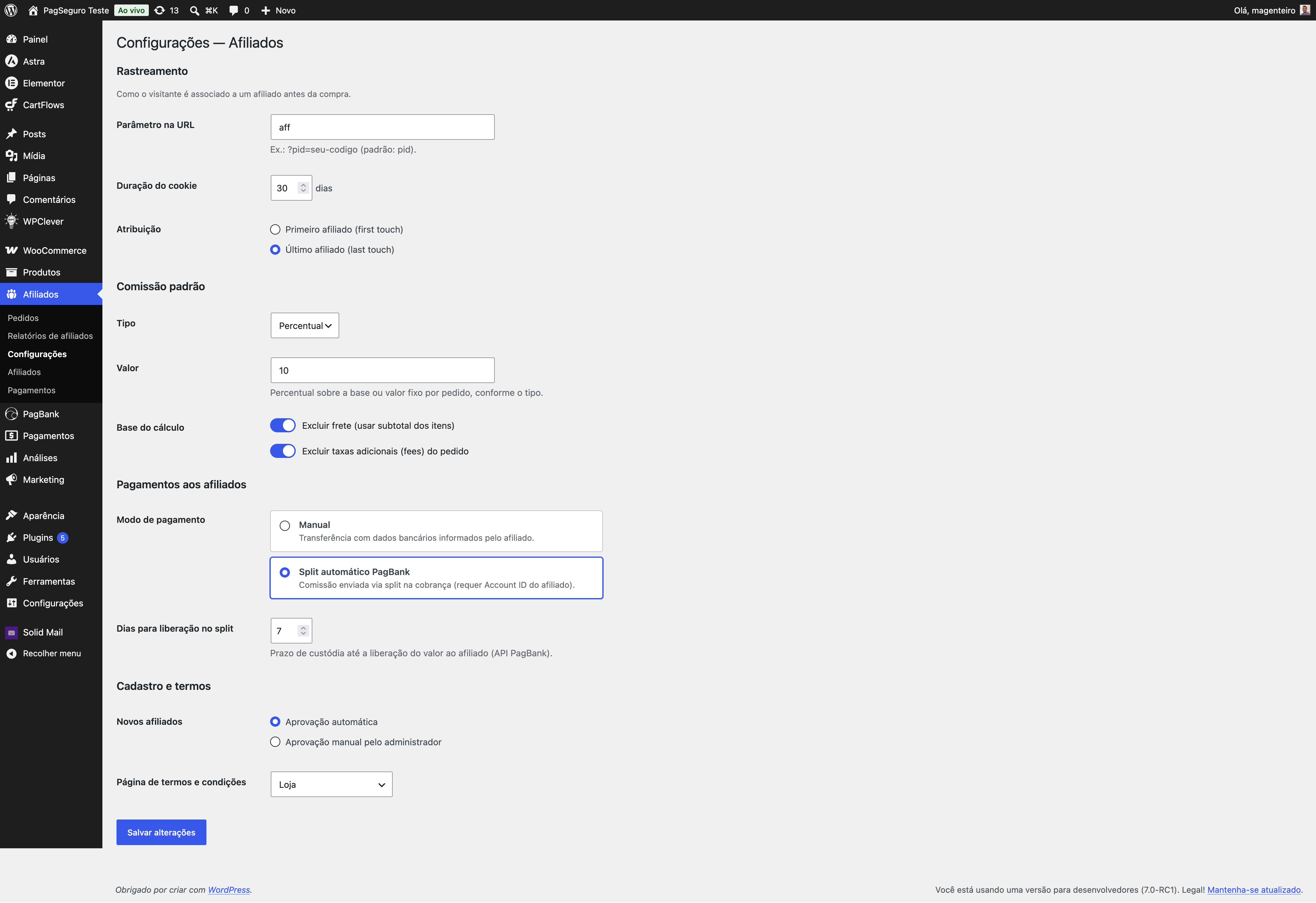 Configurações do plugin de afiliado